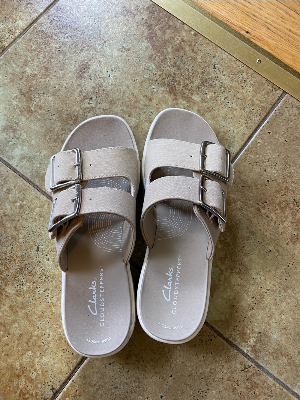 Clarks Cloudsteppers Neutral Beige Double-Buckle Slide Sandals